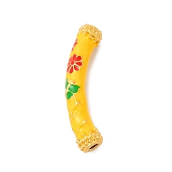 Oro Paquete de perlas de esmalte de aleación de revestimiento, color dorado mate, tubo curvado con la flor, oro, 9.5x37x7 mm, agujero: 3 mm