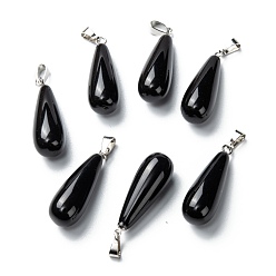 Obsidian Natural Obsidian Pendants, with Platinum Brass Findings, Teardrop, 26.5~29x10mm, Hole: 2.5~3.5x4~6mm