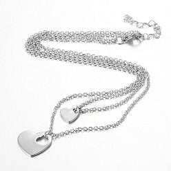 Stainless Steel Color Two Tier Stainless Steel Necklaces, with Heart Pendants and Cable Chains, Stainless Steel Color, 15.9 inch(40.5cm), 1strand/box
