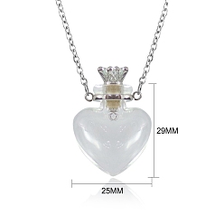 Clear Lampwork Heart Perfume Bottle Necklaces, Pendant Necklace with Stainless Steel Chains, Clear, 23.62 inch(60cm)