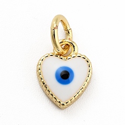 White Rack Plating Brass Enamel Charms, with Jump Rings, Cadmium Free & Lead Free, Real 18K Gold Plated, Heart with Evil Eye, White, 9x7x2.6mm, Hole: 3mm
