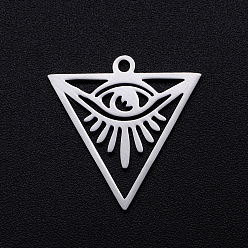 Stainless Steel Color 201 Stainless Steel Pendants, Filigree Joiners Findings, Laser Cut, Triangle with Eye, All Seeing Eye, Stainless Steel Color, 20x19.5x1mm, Hole: 1.4mm