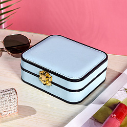 Light Blue Imitation Leather Jewelry Storage Box, Compact Ring Earring Accessories Case, Black Edged Portable Travel Jewelry Box, Rectangle, Light Blue, 13.5x11.5x5.2cm