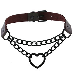 Deep coffee color (of spades) Fashionable Heart-shaped Black Chain Collar Necklace with Lock, PU Leather Material