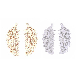 Mixed Color Brass Pendants, Etched Metal Embellishments, Lead Free & Nickel Free, Long-Lasting Plated, Feather, Mixed Color, 33.5x13x0.3mm, Hole: 1.4mm