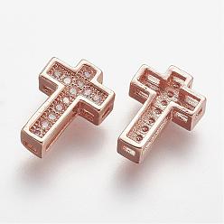 Rose Gold Brass Micro Pave Cubic Zirconia Beads, Cross, Clear, Rose Gold, 10.5x7.5x3mm, Hole: 1mm