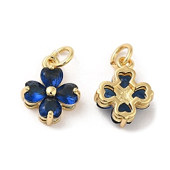 Midnight Blue Brass Pendants, with Cubic Zirconia, Lead Free & Cadmium Free, Clover Charms, Real 18K Gold Plated, Midnight Blue, 13x10x5mm, Hole: 3.4mm