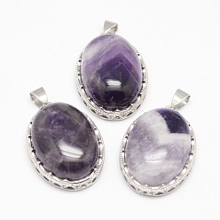 Amethyst Natural Amethyst Pendants, with Brass Findings, Oval, Platinum, 30x21x10~11mm, Hole: 6x4mm