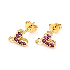 Fuchsia Brass Micro Pave Cubic Zirconia Stud Earrings Finding, with Loop, Real 18K Gold Plated, Heart, Fuchsia, 8.2x7.3mm, Hole: 1.2mm, Pin: 0.9mm
