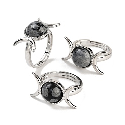 Снежный Обсидиан Регулируемые кольца из натурального обсидиана в виде снежинки, Платиновые латунные кольца на палец с тройной луной для женщин и мужчин, размер США 7 1/4 (17.5 мм)