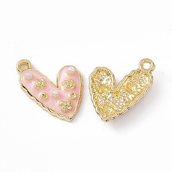 Pink Alloy Enamel Pendants, with ABS Imitation Pearl Beads, Light Glod, Heart with Flower Charm, Pink, 21x14.5x4mm, Hole: 1.6mm