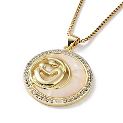 Flat Round Mother's Day Brass Micro Pave Clear Cubic Zirconia Pendant Necklaces, Shell Necklace with Golden 304 Stainless Steel Chains, Flat Round, 15.83 inch(40.2cm), Flat Round: 28x25mm