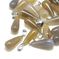 Grey Agate Natural Grey Agate Pendants, with Stainless Steel Snap On Bails, teardrop, 28~30x10~12mm, Hole: 6x4mm