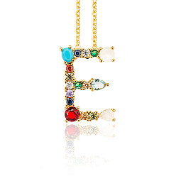 Letter E Golden Brass Micro Pave Cubic Zirconia Initial Pendants Necklaces, with Cable Chains, Colorful, Letter, Letter.E, 17.9~18.1 inch(45.5~46cm)x1.5mm, LetterE: 20.5x15x6mm