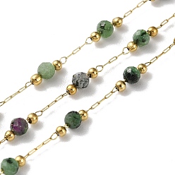 Ruby in Zoisite Ion Plating(IP) Real 18K Gold Plated 316 Stainless Steel Paperclip Chains, with Faceted Round Natural Ruby in Zoisite Beaded, with Spool, Soldered, 3mm
