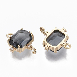 Black Glass Links connectors, with Brass Micro Pave Cubic Zirconia, Faceted, Cuboid, Light Gold, Black, 17.5x14x5.5mm, Hole: 1.2mm