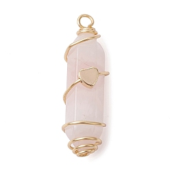 Rose Quartz Natural Rose Quartz Copper Wire Wrapped Pointed Pendants, Faceted Bullet Charms with Golden Tone Brass Heart Beads, 34.5~37x10.5x12mm, Hole: 2.7mm