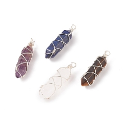 Silver Natural & Synthetic Mixed Stone Double Terminal Pointed Pendants, Bullet Charm, with Copper Wire Wrapped, Silver, 37.5x11x11mm, Hole: 2.5mm