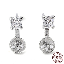 Real Platinum Plated Rhodium Plated 925 Sterling Silver with Cubic Zirconia Stud Earring Findings, with S925 Stamp, for Half Drilled Pearl Beads, Flat Round, Real Platinum Plated, 12x4.8mm, Pin: 0.7mm & 0.8mm