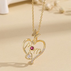Deep Pink Heart with Word Mom Brass with Zirconia Pendant Necklace for Mother's Day, Deep Pink, 17.72~19.69 inch(45~50cm)