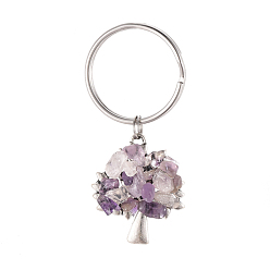 Amethyst Chip Natural Amethyst Keychain, with Antique Silver Plated Alloy Pendants and 316 Surgical Stainless Steel Split Key Rings, Tree, 55mm
