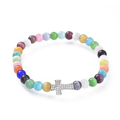 Colorful Cat Eye Stretch Bracelets, with Brass Micro Pave Cubic Zirconia Cross Beads, Colorful, 2 inch(5cm)