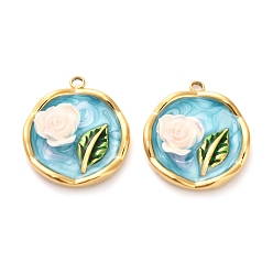 Небесно-голубой 304 нержавеющей стальной эмали подвески, cmолой, плоские круглые с цветком, ионное покрытие (ip), реальный 18 k позолоченный, голубой, 22x19x5 мм, отверстие : 1.8 мм