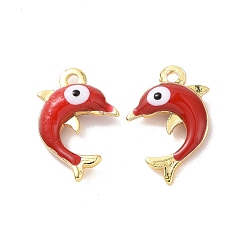 Red Brass Enamel Pendants, Real 18K Gold Plated, Dolphin with Evil Eye, Red, 12.5x8x3mm, Hole: 1mm