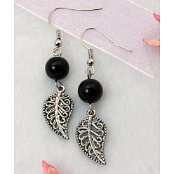 Black Dangle Leaf Earrings, with Tibetan Style Pendant, Glass Beads and Brass Earring Hook, Black, 48mm