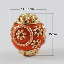Orange Handmade Indonesia Beads, with Alloy Cores, Round, Orange, 14~15x15mm, Hole: 2mm