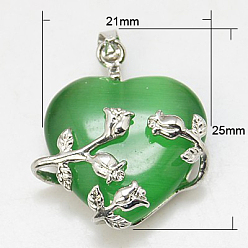 Lime Green Cat Eye Pendants, with Brass Findings, Heart, Platinum Color, Lime Green, 23x21x9mm, Hole: 5x4mm