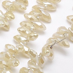 Beige Electroplate Glass Beads Strands, Top Drilled Beads, Full Rainbow Plated, Faceted, Teardrop, Beige, 12x6mm, Hole: 1mm