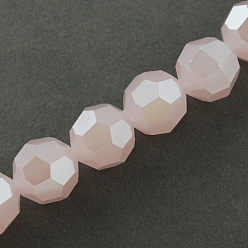Pink Electroplate Glass Beads Strands, Pearl Luster Plated, Imitation Jade, Faceted, Round, Pink, 4mm, Hole: 0.5mm, about 100pcs/strand, 14.2 inch