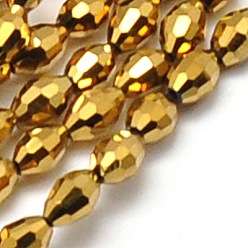 Gold Electroplate Glass Beads Strands, Full Golden Plated, Faceted, Oval, Gold, 6x4mm, Hole: 1mm, about 65pcs/strand, 16 inch