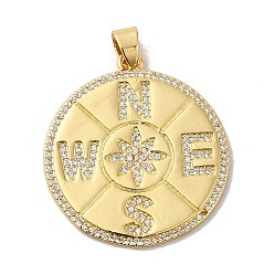 Clear Rack Plating Brass Micro Pave Cubic Zirconia Pendants, Cadmium Free & Lead Free, Real 18K Gold Plated, Long-Lasting Plated, Compass, Clear, 33x30x1.5mm, Hole: 4x5mm