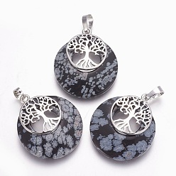 Snowflake Obsidian Natural Snowflake Obsidian Pendants, with Platinum Tone Brass Findings, Flat Round with Tree of Life, 32.5~33x27.5~28x5~6mm, Hole: 5x7mm