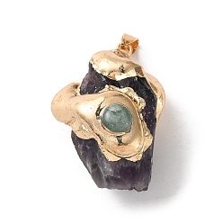 Аметист Подвески из гальванизированного необработанного натурального аметиста и апатита, подвески-самородки с латунной фурнитурой, золотые, стойки покрытие, 36.5~50x25~32.5x17~30.5 мм, отверстие : 4x6 мм