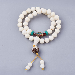 Creamy White 2-Loop Wrap Style Buddhist Jewelry, Wood Mala Bead Bracelets, Stretch Bracelets, with Natural/Synthetic Gemstone, Round, Creamy White, 1-3/8 inch(35mm)