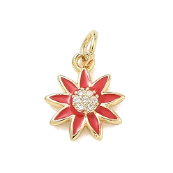 Rot Messing micro pave klar zirkonia charme, mit Emaille, Blume Reize, Gestell, langlebig überzogen, cadmiumfrei und bleifrei, echt 18 k vergoldet, rot, 13.5x11.5x3.5 mm, Bohrung: 3 mm