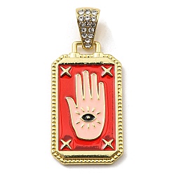 Red Rack Plating Alloy Enamel Pendants with Crystal Rhinestone Pendants, Rectangle Charms with Palm, Long-Lasting Plated, Lead Free & Cadmium Free, Golden, Red, 36x20.5x2.5mm, Hole: 9.5x5.3mm