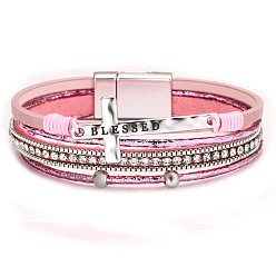 pink Bohemian Style Cross Bracelet with Magnetic Clasp - Luxurious, Micro Inlaid Diamond, PU Leather.