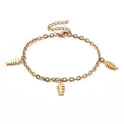 Golden 304 Stainless Steel Fishbone Charm Bracelet with Cable Chains for Women, Golden, 7-1/8 inch(18cm)