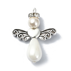 Antique Silver Shell Pearl Pendants with Tibetan Style Alloy Wings, Angel Charms, Antique Silver, 30x23.5x8mm, Hole: 2.8mm
