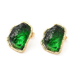 Green Rack Plating Brass Stud Earring, Iceberg Melting Shaped Glass Earrings for Women, Long-Lasting Plated, Cadmium Free & Lead Free, Real 18K Gold Plated, Green, 20x16mm