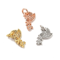 Mixed Color Pigeon with Leaf Brass Micro Pave Clear Cubic Zirconia Charms, with Jump Rings, Cadmium Free & Lead Free, Mixed Color, 13.5x7.5x1.5mm, Hole: 3mm