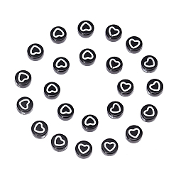 Black Craft Style Acrylic Beads, Flat Round with Heart, Black, 7x3.5mm, Hole: 1.5mm, about 4000~4400pcs/500g