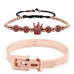 Rose gold and pink zirconia crown set Stainless Steel Bracelet with Crown Charm and Adjustable Braided Bead Chain Set