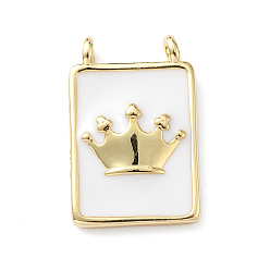 Crown Rack Plating Brass Connector Charms, Rectangle Links with White Enamel, Lead Free & Cadmium Free, Long-Lasting Plated, Real 18K Gold Plated, Crown, 18x11.5x2mm, Hole: 1.5mm