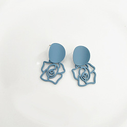 EZ-1580 No. 1 haze blue Temperament light blue hollow rose silver needle earrings simple and sweet smiling face without pierced ear clips hit color love earrings female