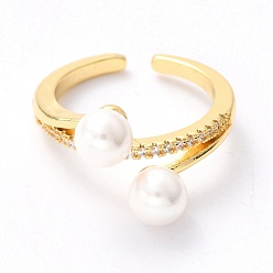 Real 18K Gold Plated Brass Micro Pave Clear Cubic Zirconia Cuff Rings, Open Rings, with Shell Pearl Round Beads, Long-Lasting Plated, Real 18K Gold Plated, US Size 6 3/4(17.1mm), Inner Diameter: 17mm